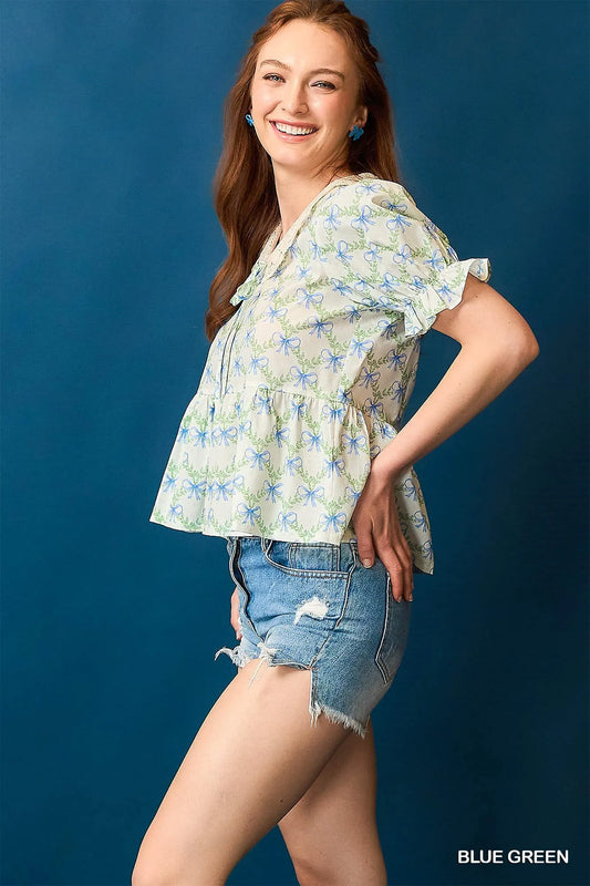 Umgee Lace Detail Bow Print Flounce Sleeve Blouse