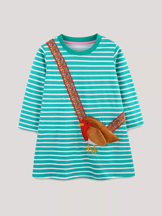 Children's Striped Bird Applique Long Sleeve Dress