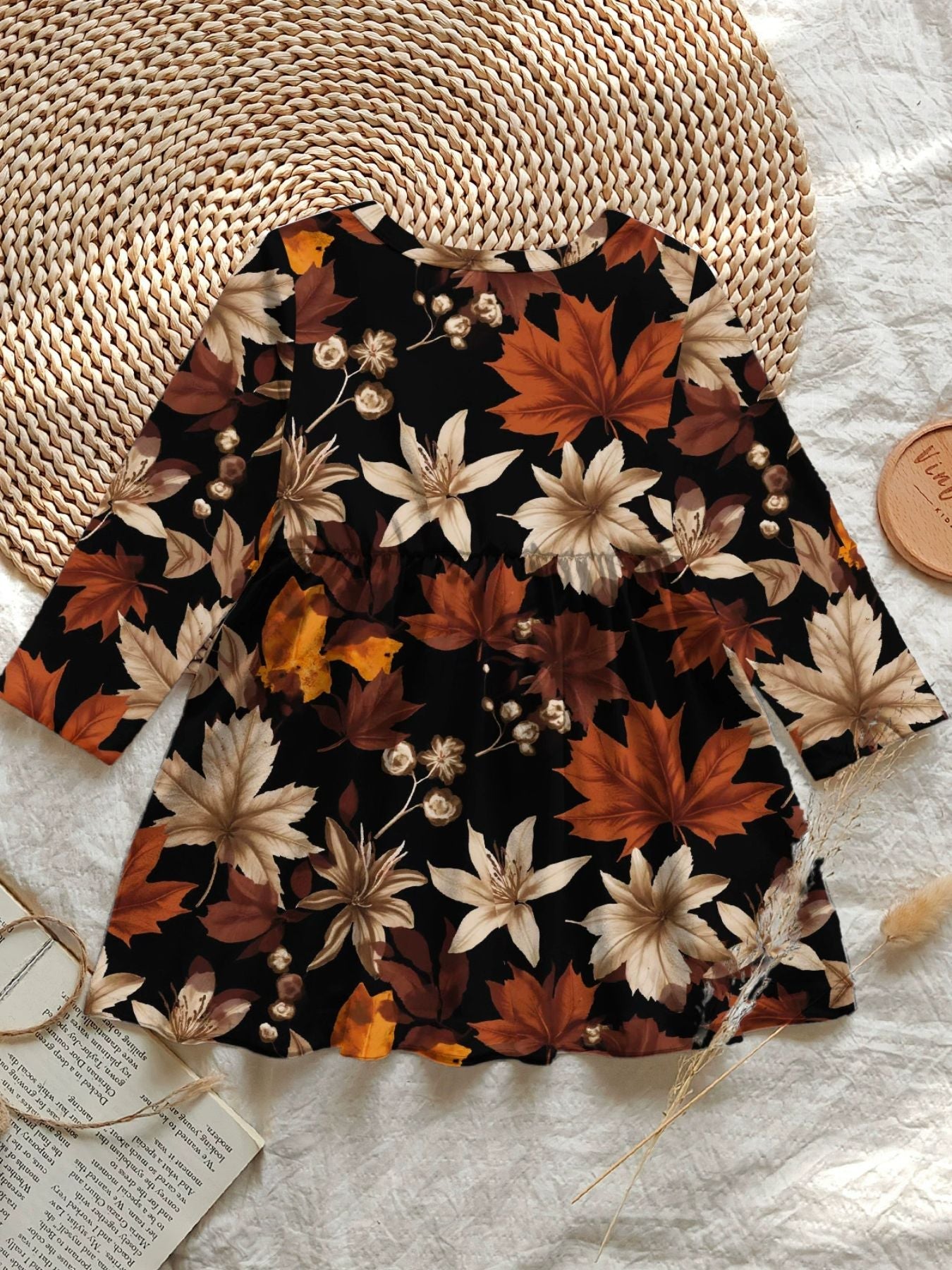 Children's Autumn Leaves Print Long Sleeve Dress