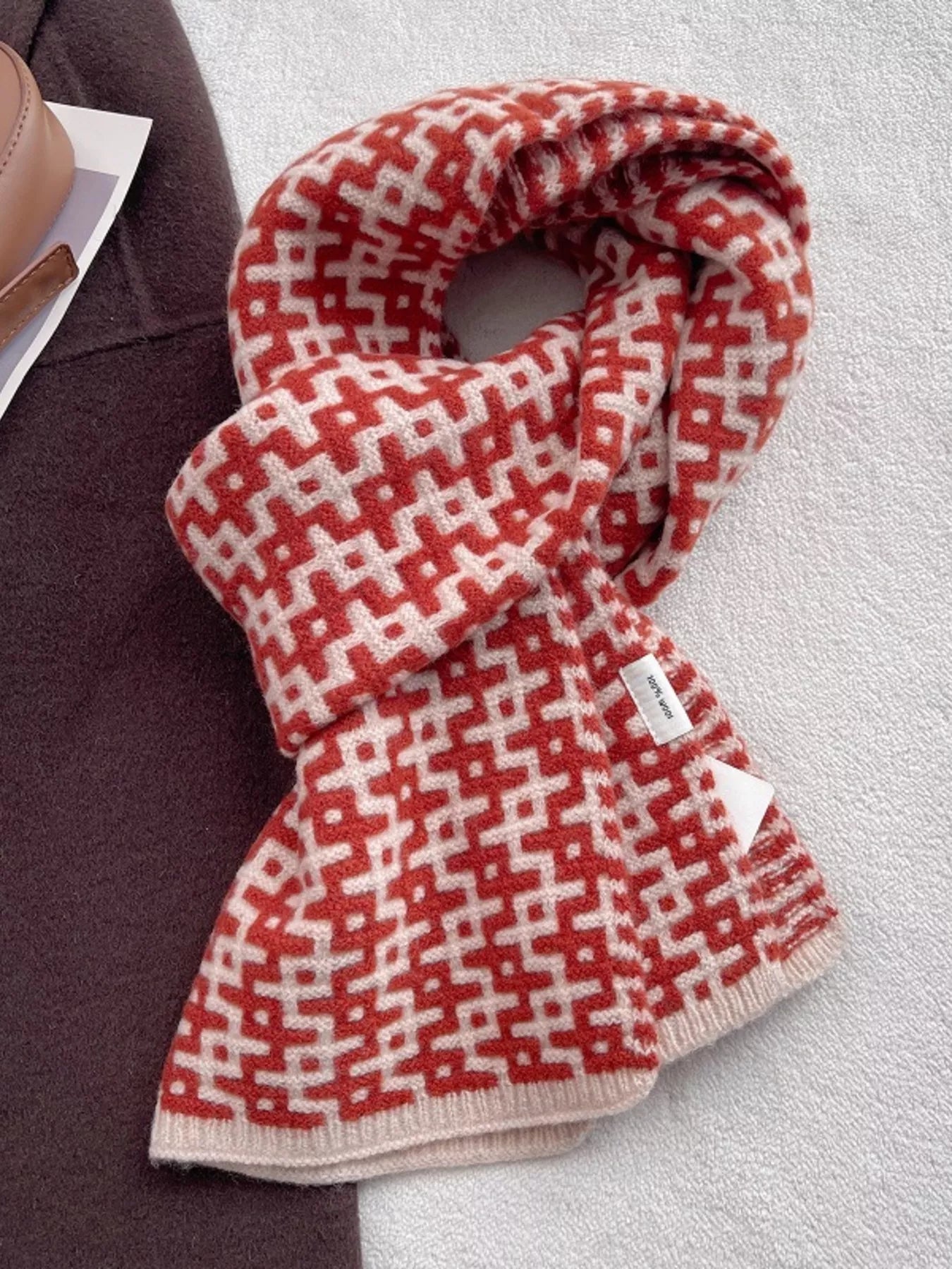 Wool Geometric Pattern Knitted Warm Scarf