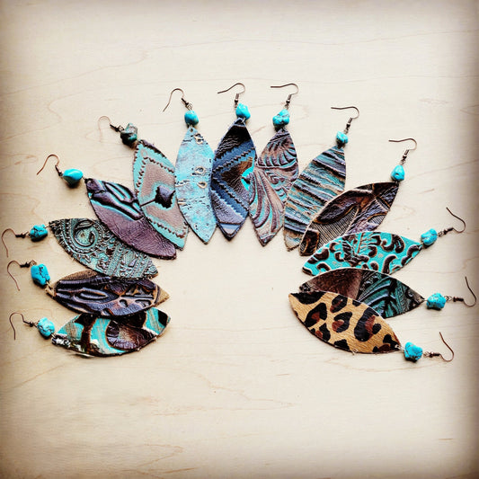 **Leather narrow Oval Earrings in Leopard w/ Turquoise Accent 206u
