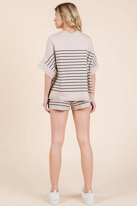 Lime 'N' Chili Striped Folded Half Sleeve Top and Shorts Set