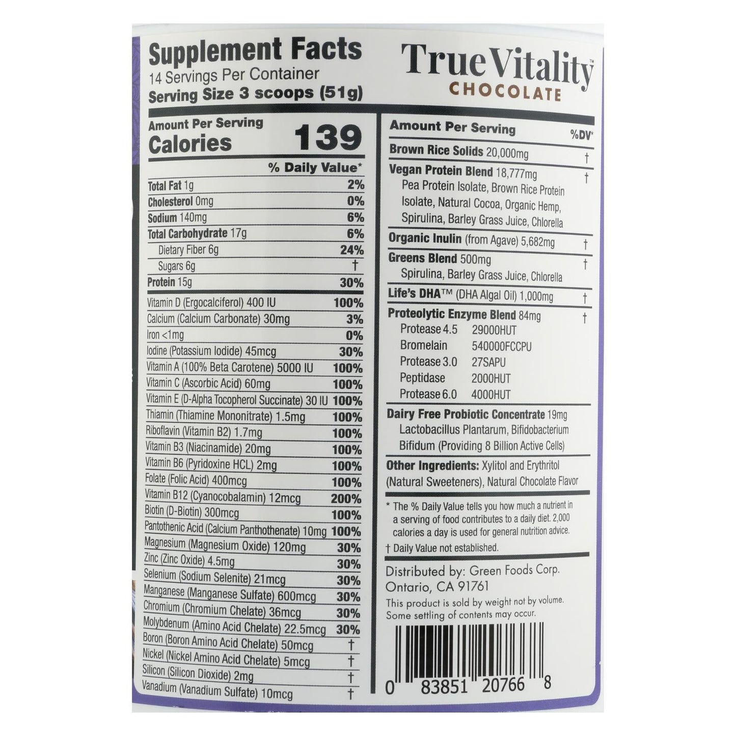 Green Foods True Vowelity Plant Protein Shake with DHA Chocolate - 25.2 Oz