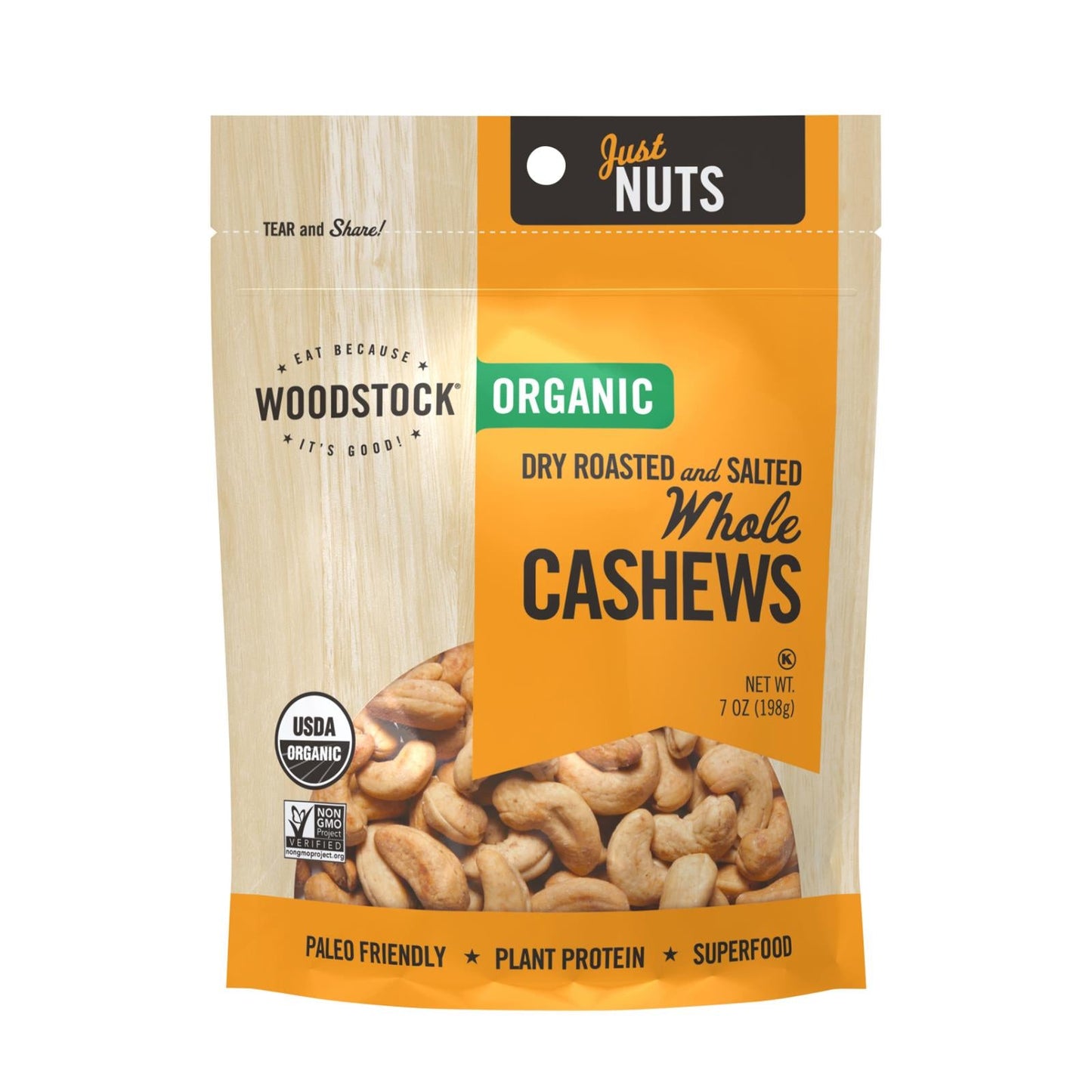 Woodstock Organic Whole Cashews, Dry Roasted & Salted, 7 oz