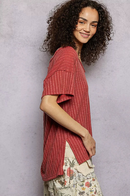 POL Ribbed Knit V-Neck Short Sleeve T-Shirt with Side Slit