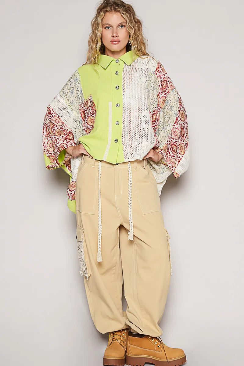 POL Thermal and Crochet Lace Mix Shirt with Floral Pattern