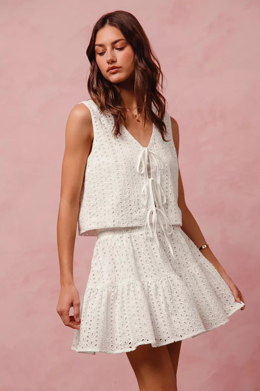 SO ME Floral Eyelet Lace Tie Front Vest Top and Tiered Mini Skirt Set