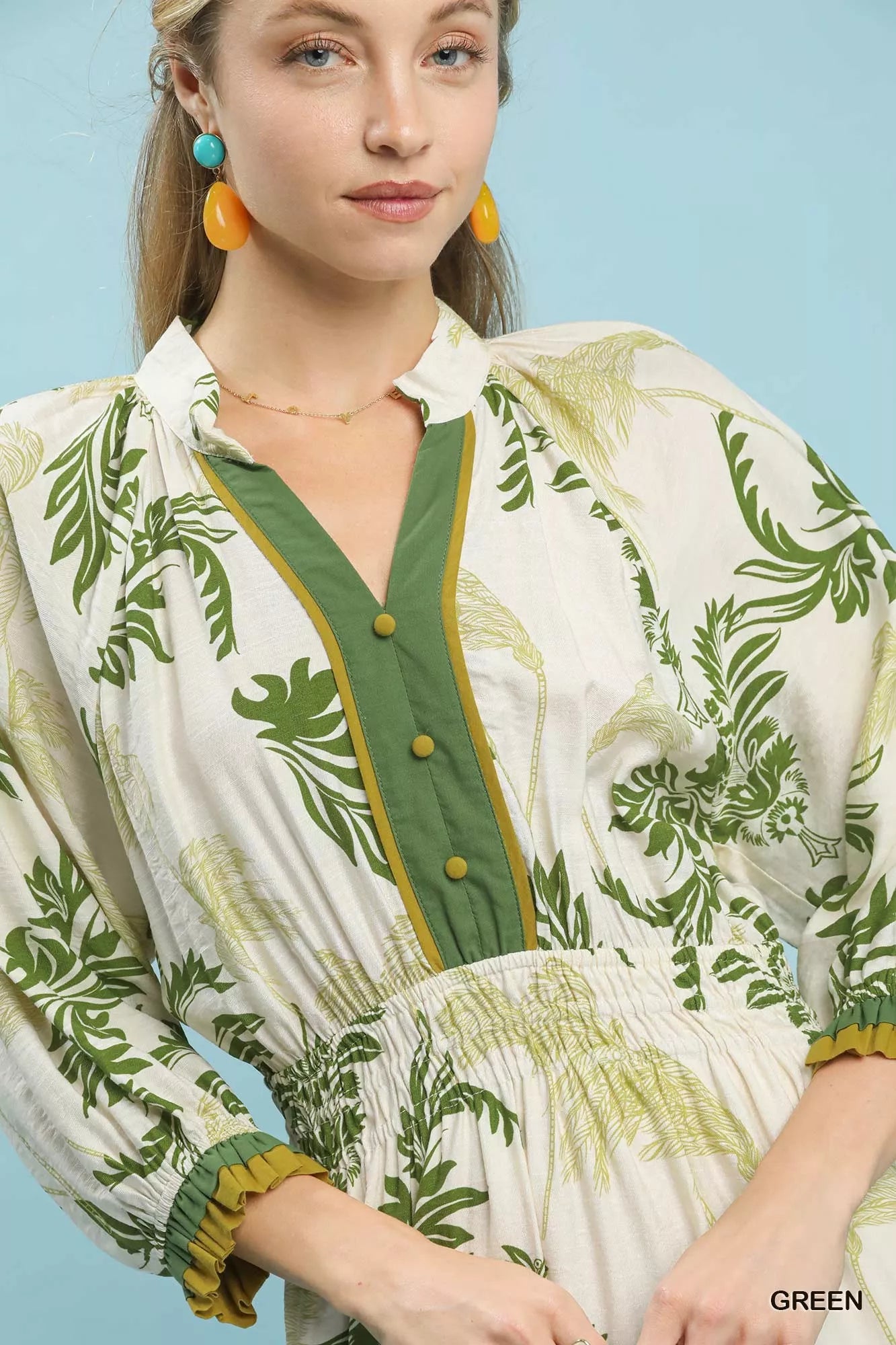 Umgee Tropical Print Button Detail Midi Dress