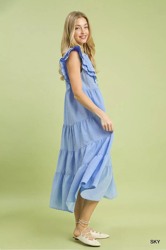 Umgee Seersucker Ruffle Sleeve Tiered Midi Dress