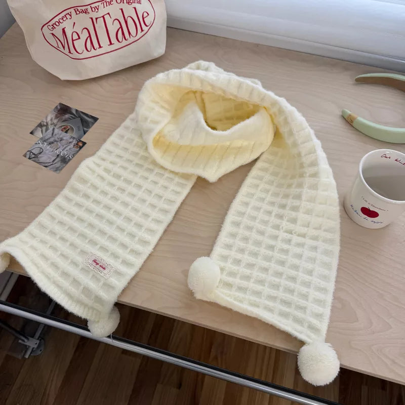 Waffle Knit Pom-Pom Scarf