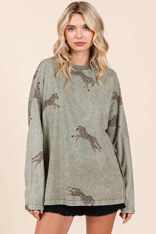 Mittoshop Mineral Wash Cheetah Print Long Sleeve Top