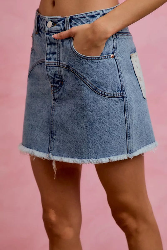 SO ME Washed Denim Floral Contrast Pockets Mini Skirt