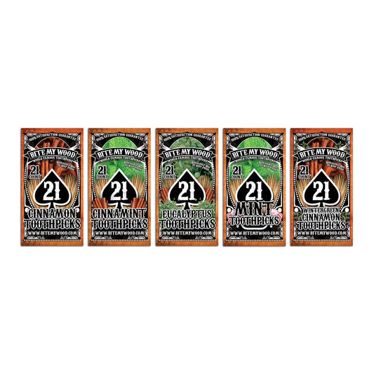 BiteMyWood Flavored Birchwood Toothpicks in Plastic Reusable Bag 21 qty 5 Flavors To Choose From