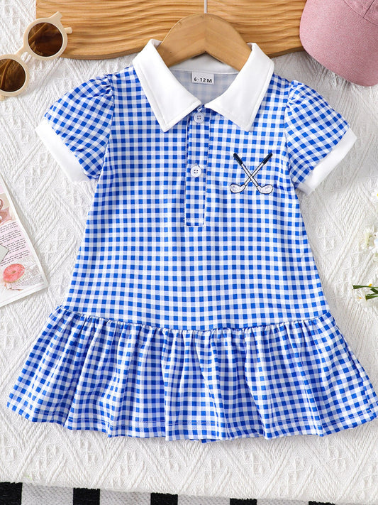 Children's Gingham Polo Collar Ruffle Hem Dress