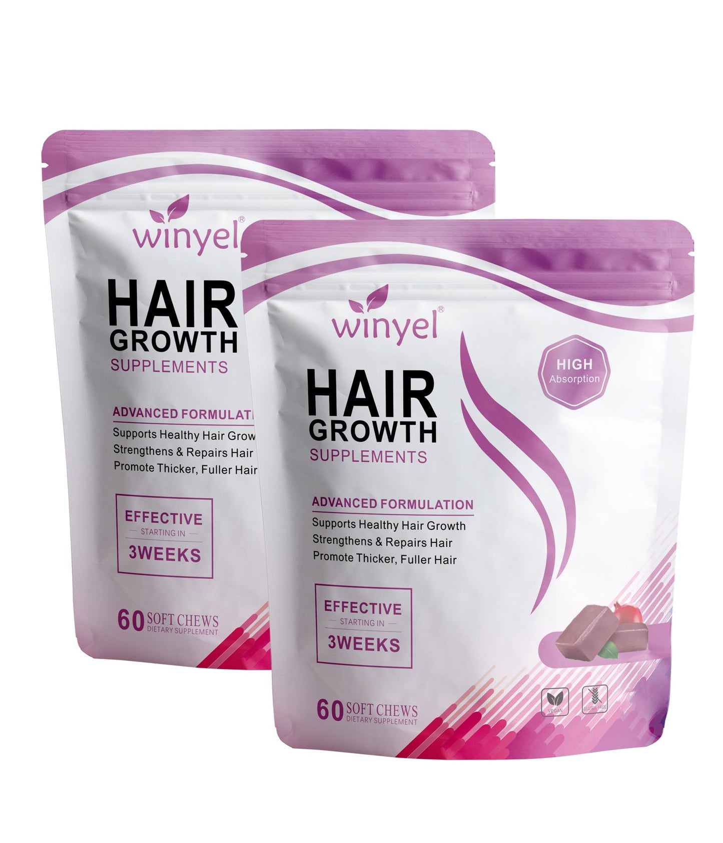 WINYEL Hair Growth Soft Chewables, Containing Hair Growth Vitamins For Men And Women, Biotin, To Help Create Thicker, Fuller, And Stronger Hair, Mixed Berries, 60 Soft Chewables.