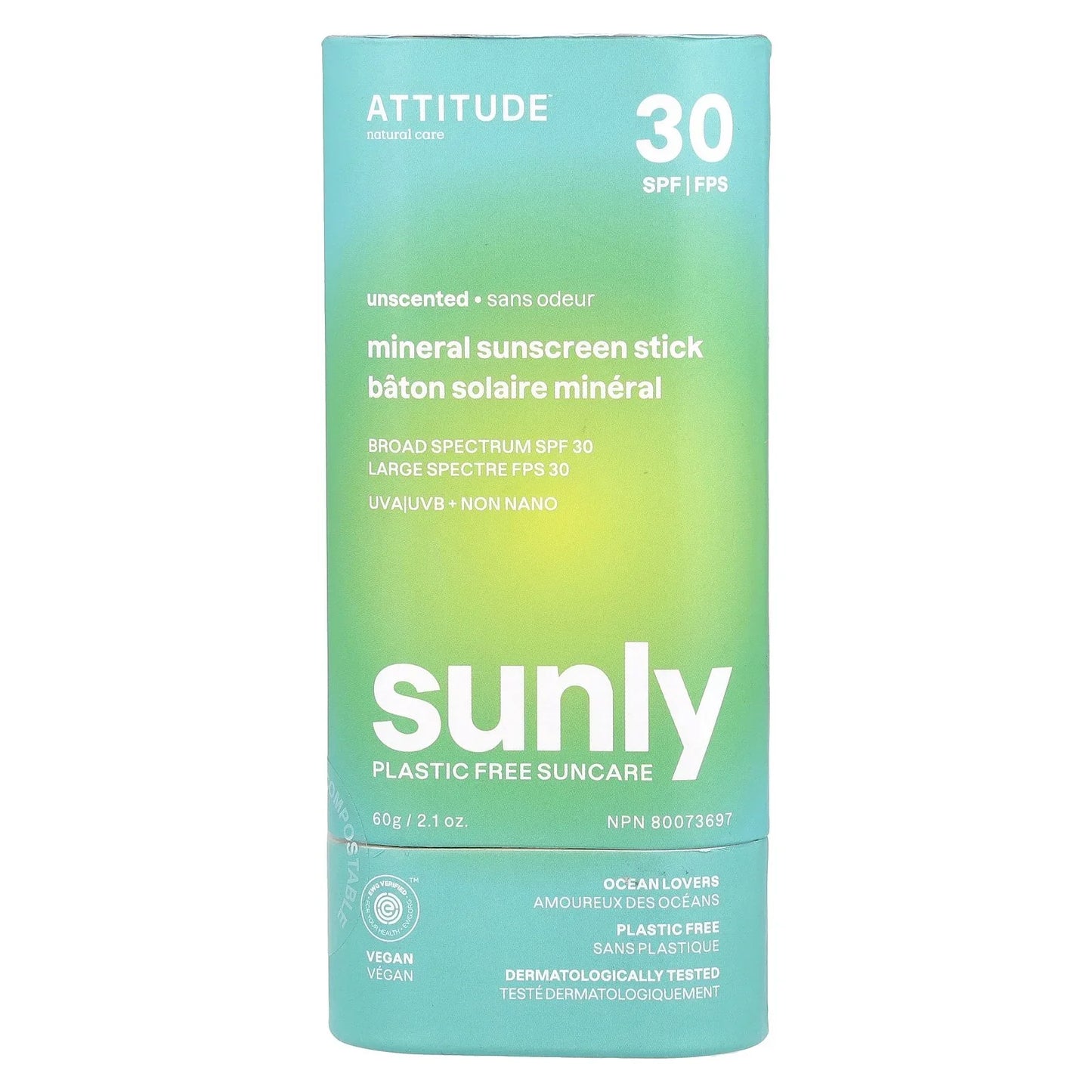 Attitude - Unscented Sunscreen Stick, 2.1 oz - Broad Spectrum Protection