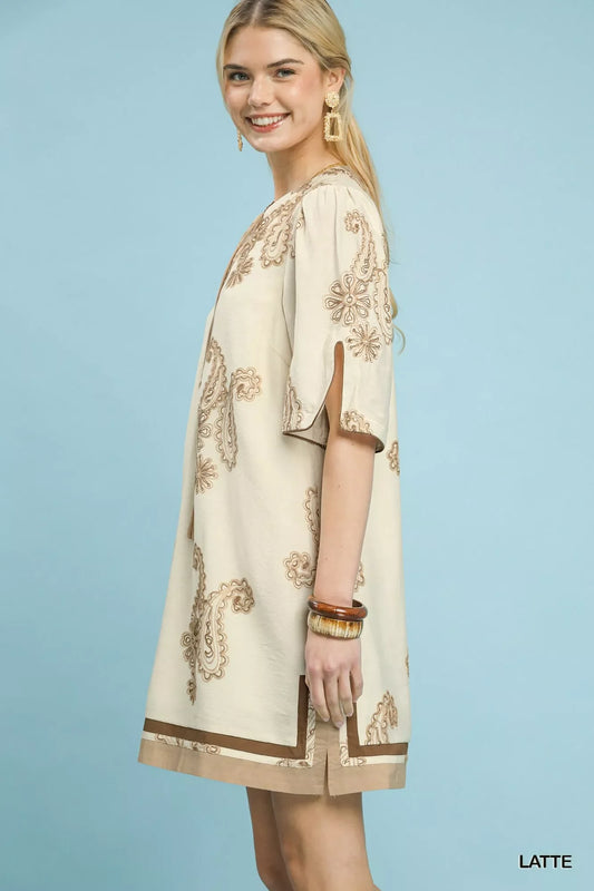 Umgee Embroidered Split Neck Shift Dress