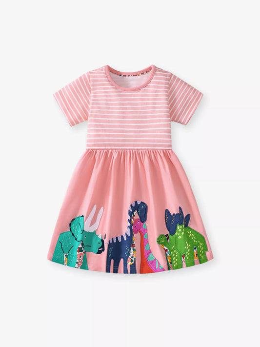 Children's Dinosaur Striped Casual Dress