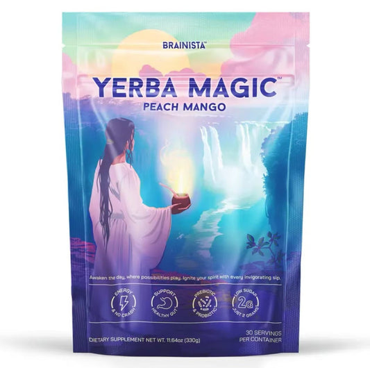 Yerba Mate Instant Powder, 3-in-1 Super Drink - Clean Energy, Brain Fog Buster, and Gut Health Powered by Nootropics, Prebiotics and Probiotics | Yerba Magic Peach Mango 30 Servings