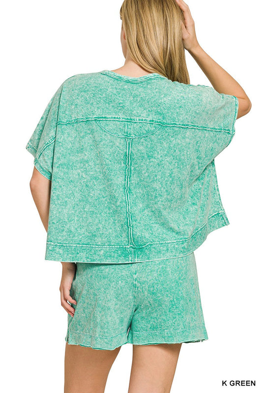 Zenana Halo Snow Washed Boxy Top & Shorts Set