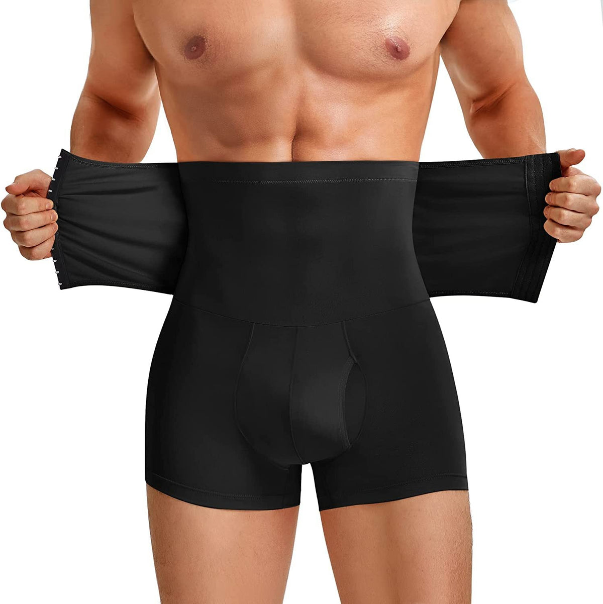 Men High Waist Shapewear Boxer Briefs With Adjustable Hooks Compression Tummy Control Butt Lifter Breathable Workout Training Body Shaper Shorts