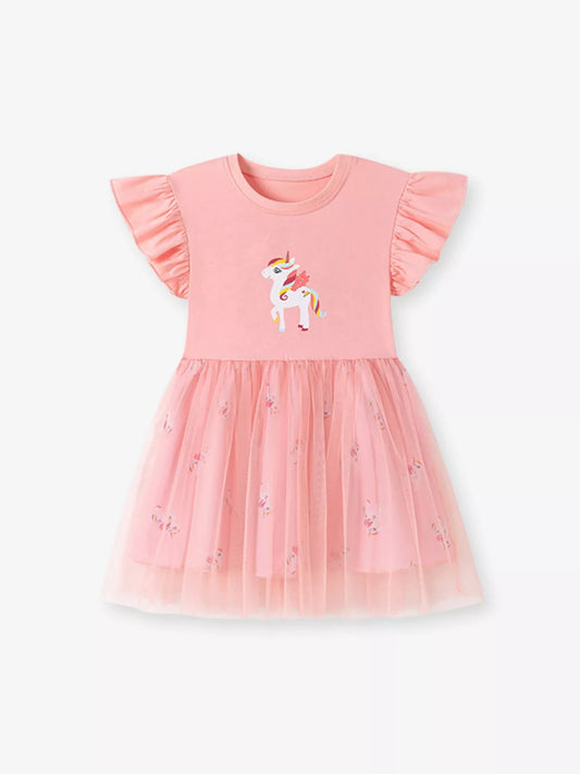 Children's Unicorn Ruffle Sleeve Tulle Dress