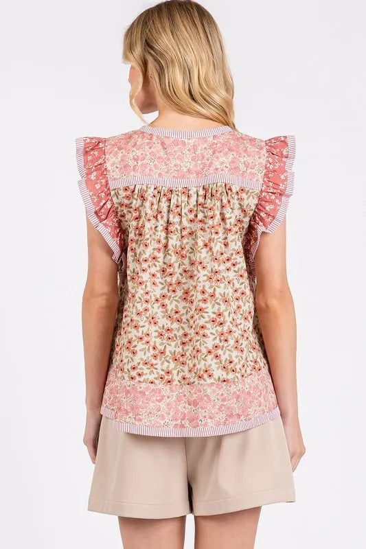 Mittoshop Floral Notched Ruffled Cap Sleeve Blouse