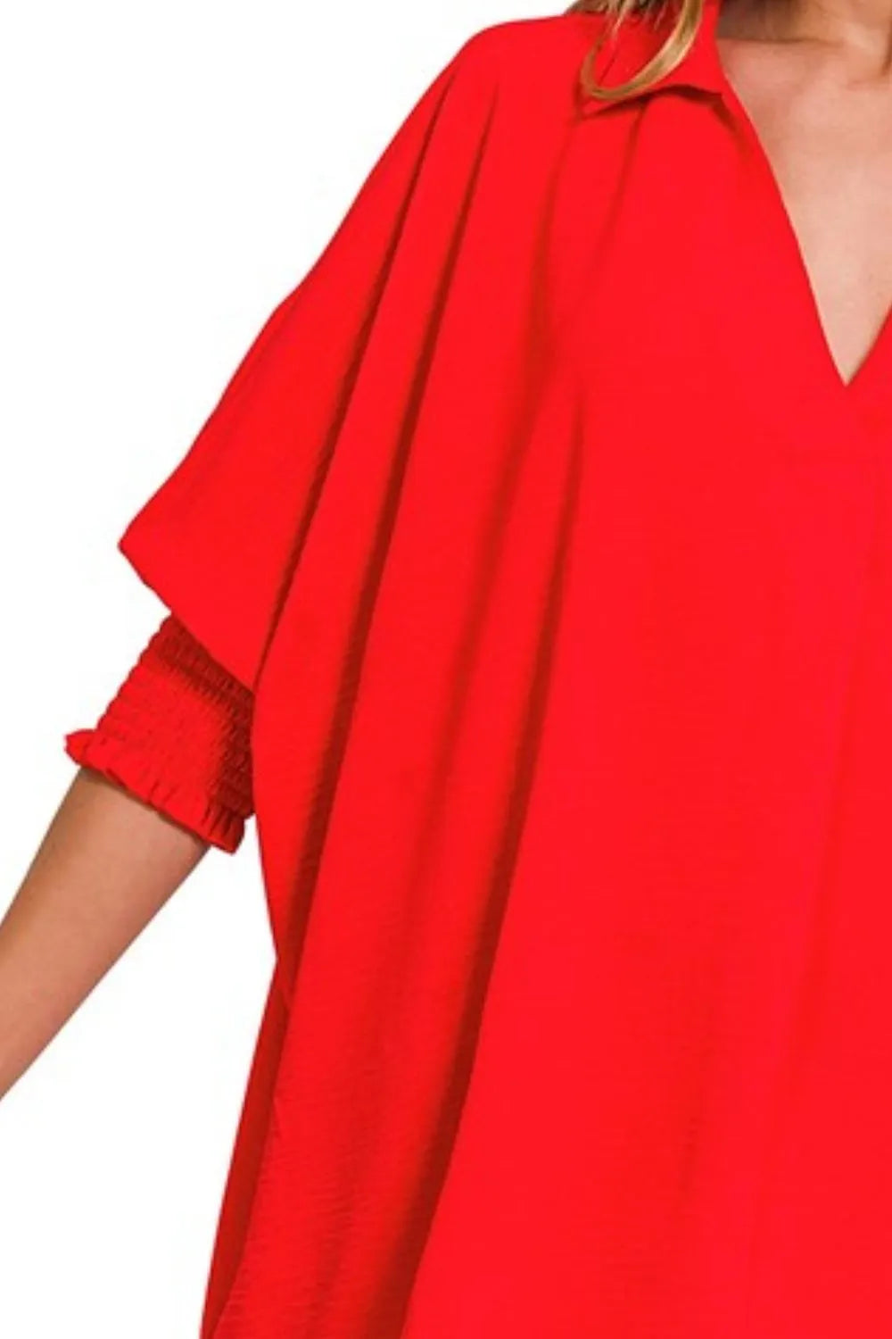 Zenana Airflow Collar Tee with Smocked Sleeve Band Top