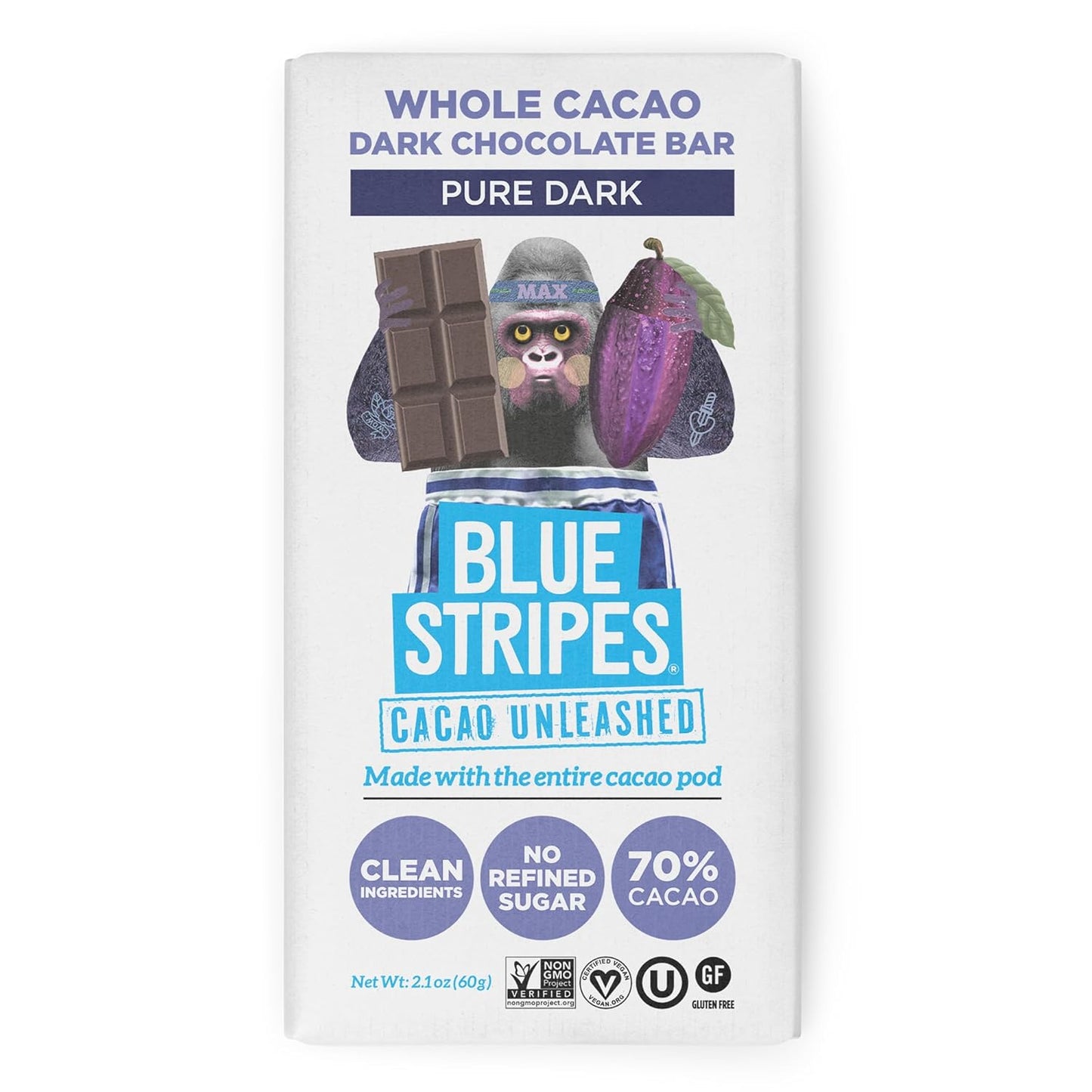 Blue Stripe - Whlcacao Pure Dark Chocolate Bar, 2.1 oz (Pack of 12) - Gluten-Free Kosher Treat
