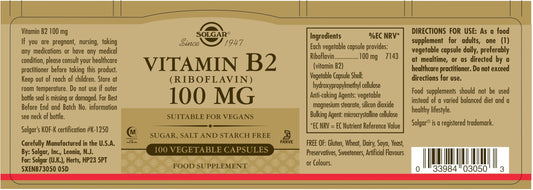 Solgar Vitamin B2 (Riboflavin) 100mg, 100 Vegetable Capsules EXP 5/2026