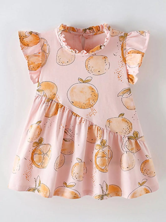 Children's Sweet Citrus Print Ruffle Sleeve Dress