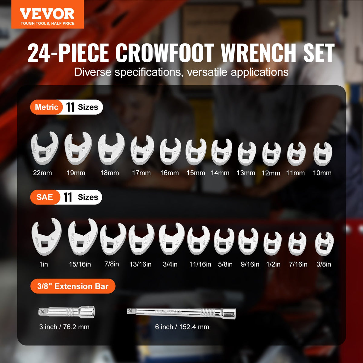 VEVOR Drive Crowfoot Wrench Set With 2 Extension Bars, 24-Piece Crows Foot Wrench Set, SAE -1inch And Metric 10-22 Mm, CR-MO Steel Crowfoot Wrench Set, With EVA Tool Organizer