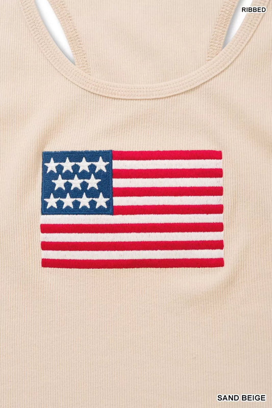 Zenana American Flag Embroidery Stretchy Ribbed Tank
