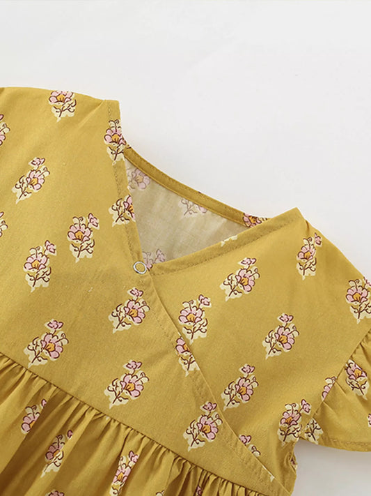 Children's Floral Print Ruffle Sleeve Wrap Dress