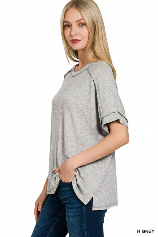 Zenana Full Size Soft Melange Hacci Short Sleeve Hi-low Tee Plus Size