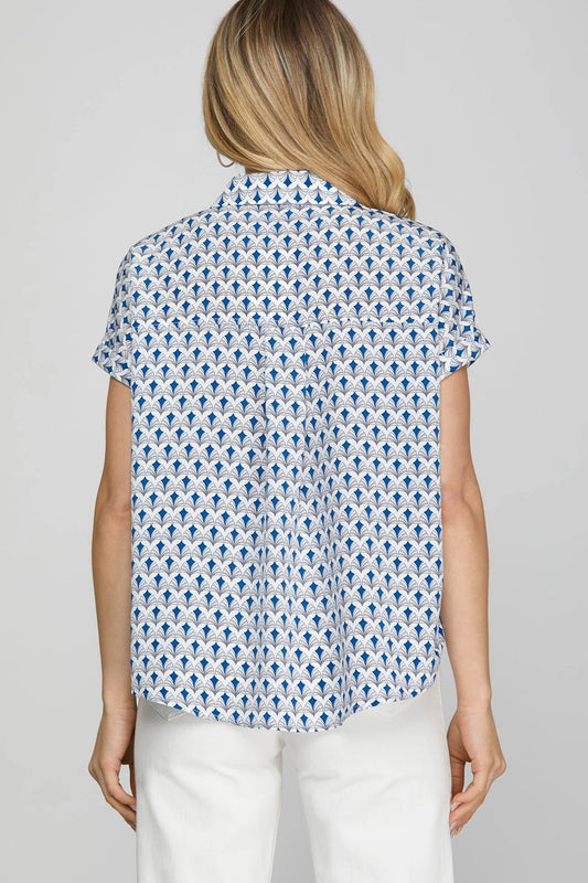 She + Sky Full Size Printed Johnny Collar Short Sleeve Blouse Plus Size