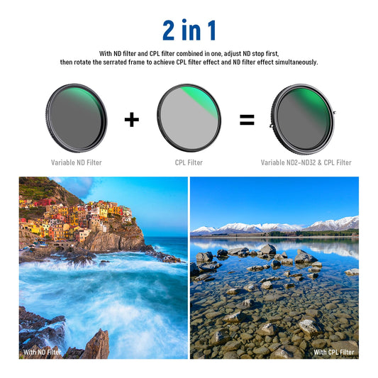 NEEWER 2 in 1 58mm Variable ND Filter ND2-ND32&CPL Circular Polarizer Filter