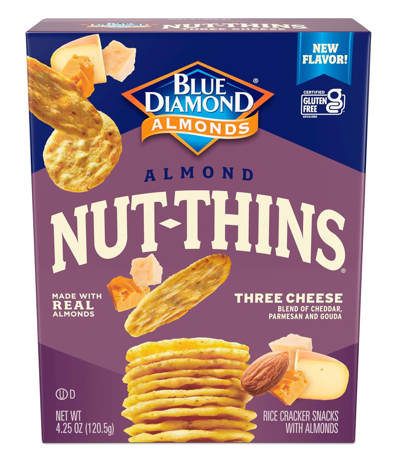 Blue Diamond Nut-Thins Three Cheese, 4.25 oz (Pack of 12) - Gluten-Free Crackers