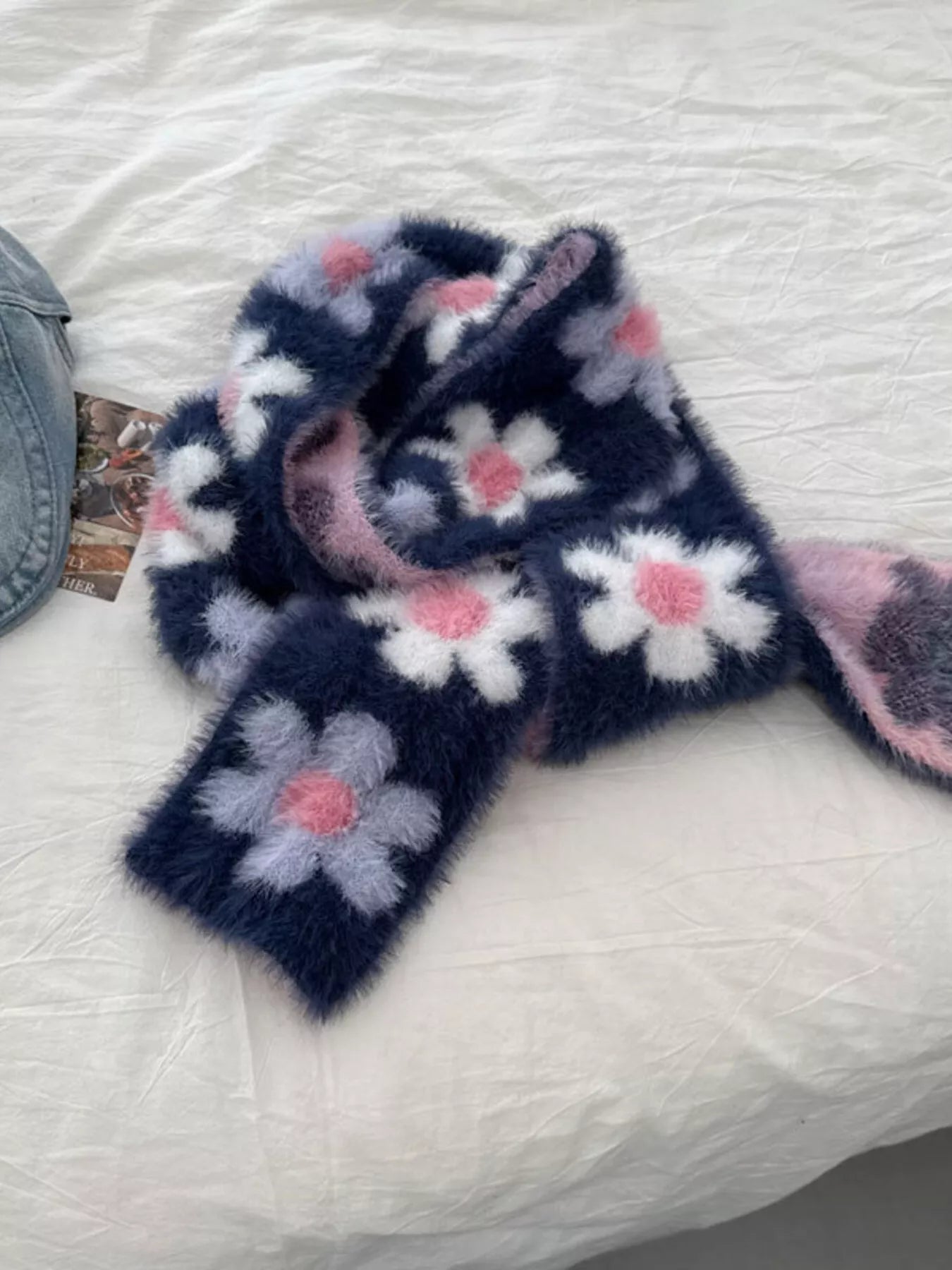 Floral Fuzzy Knit Scarf