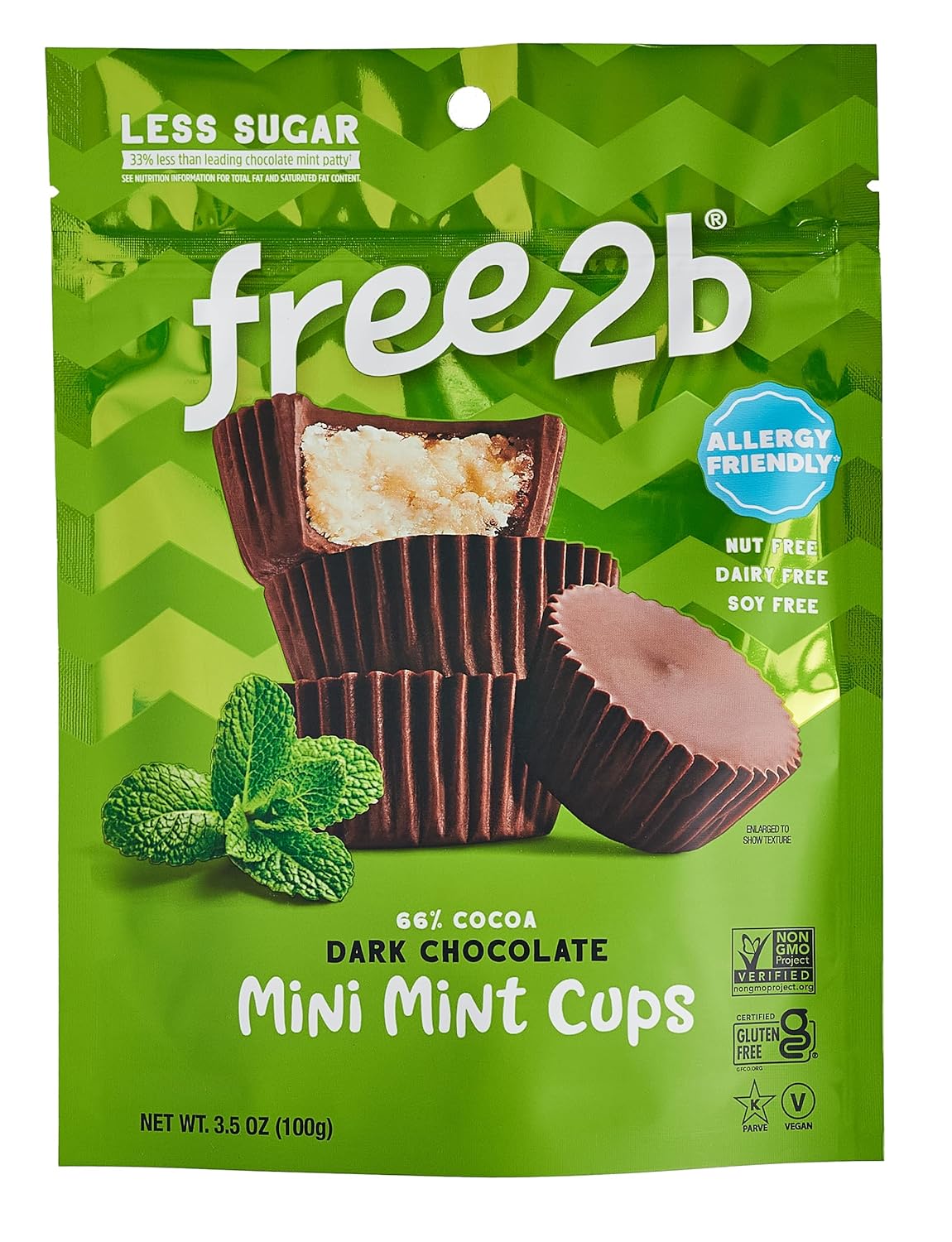 Free 2 B Dark Chocolate Mint Cups Mini, Case of 6, 3.5 Oz Packs