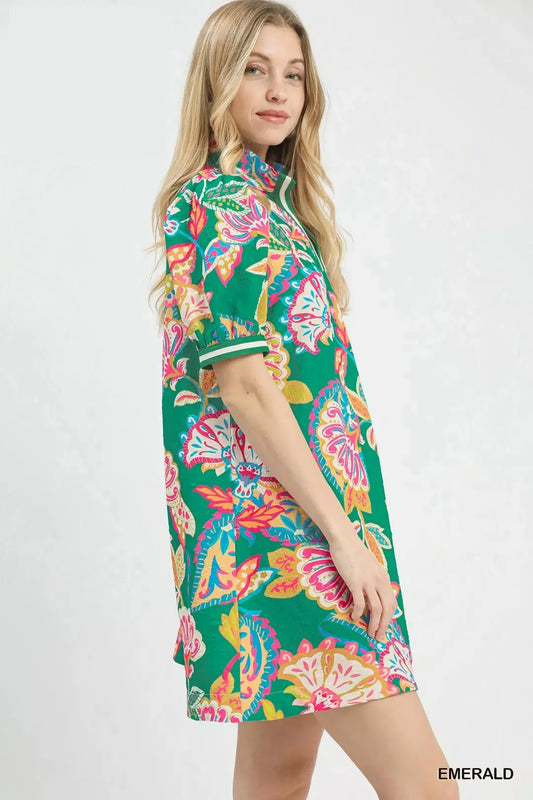 Umgee Jacquard Paisley Print Puff Sleeve Tunic Dress