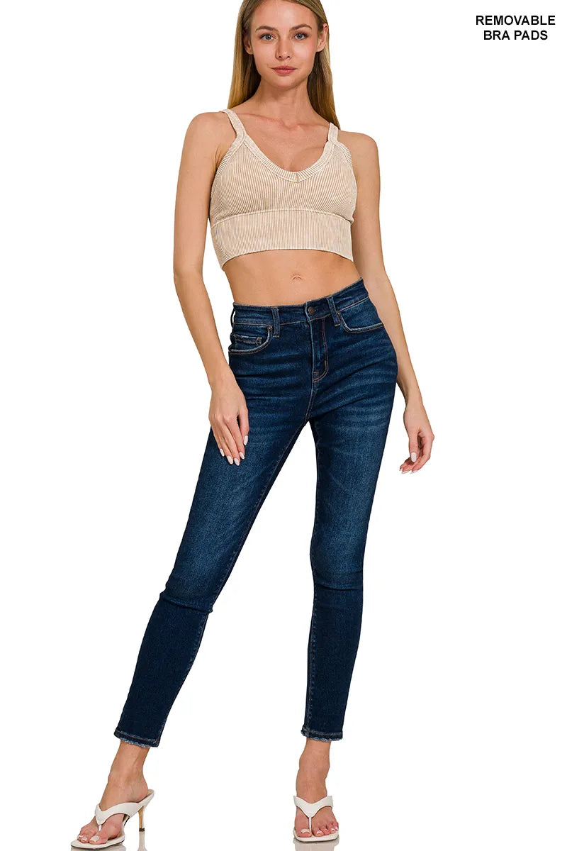 Zenana Washed V Neck Seamless Cropped Bra Top