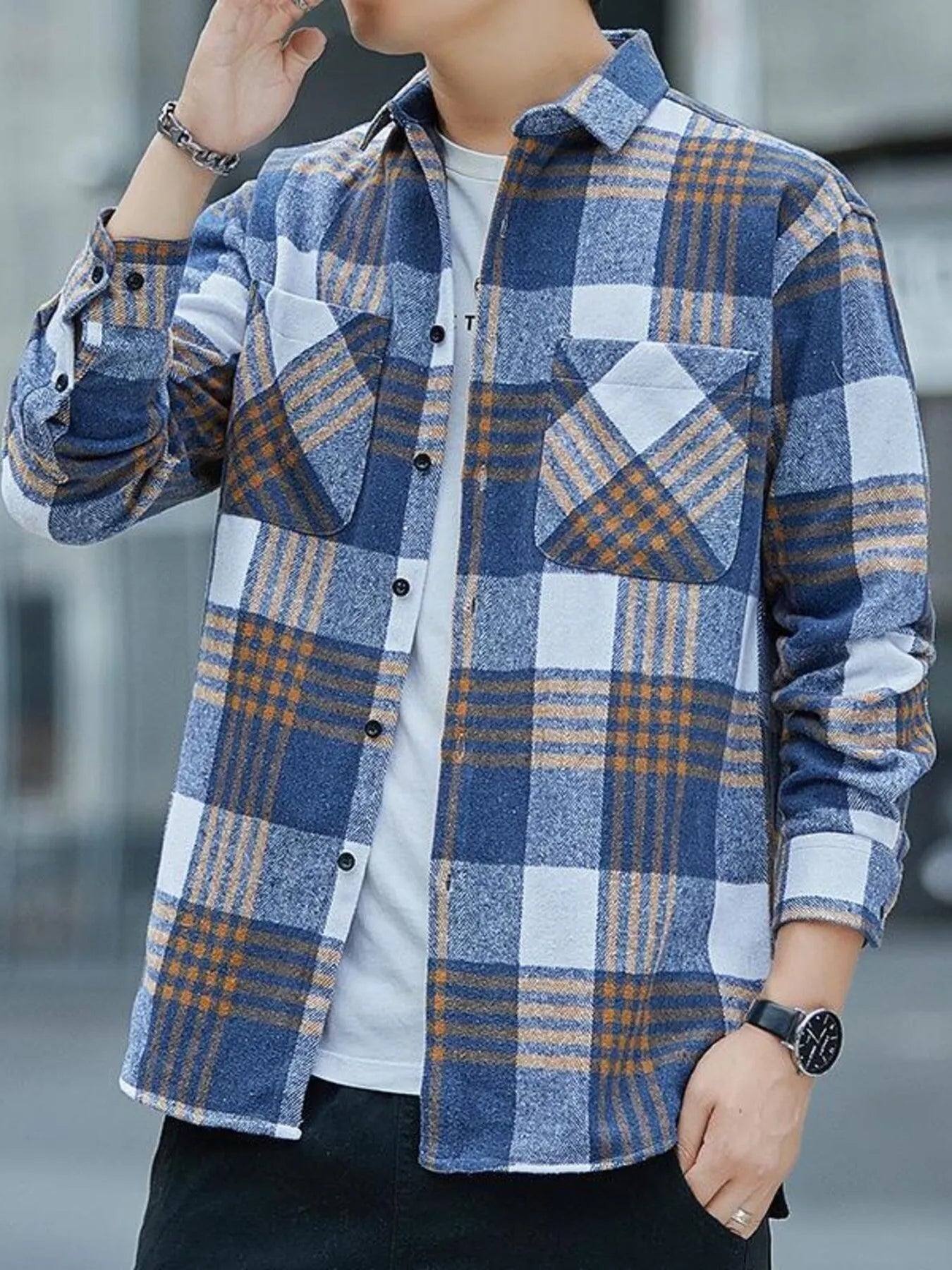 Men's Plus Size Casual Plaid Long Sleeve Shirt