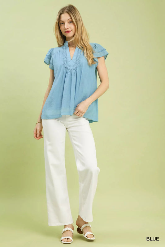 Umgee Scalloped Trim Flutter Sleeve Top