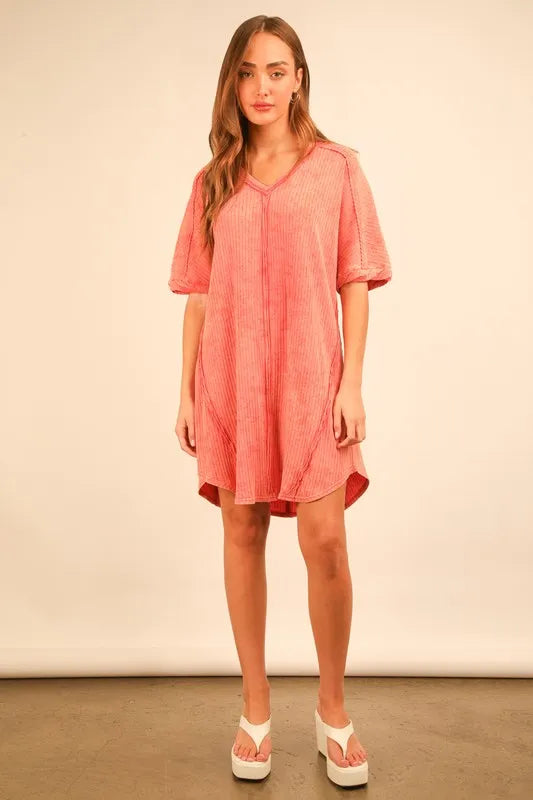 VERY J Plus Size Mineral Washed Ribbed Knit Mini Dress