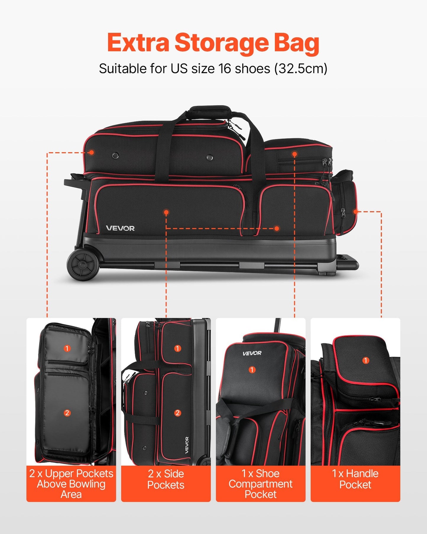 Bowling Ball Bag, 3 Ball Double Roller Bowling Bag With Wheels, Featuring A Separate Compartment For Shoes (Up To US Size 16) & Oversized Accessory Pocket, Retractable Handle Extends To 41.34 In