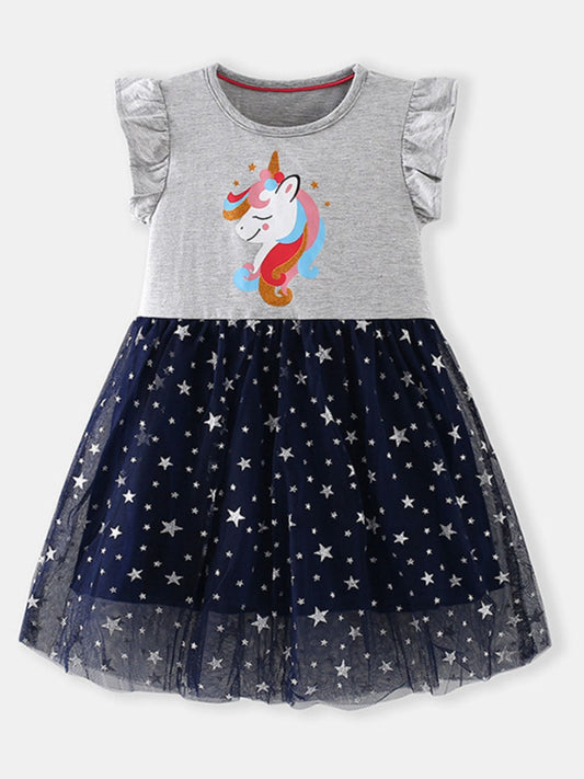 Children's Unicorn Graphic Ruffle Sleeve Tulle Dress