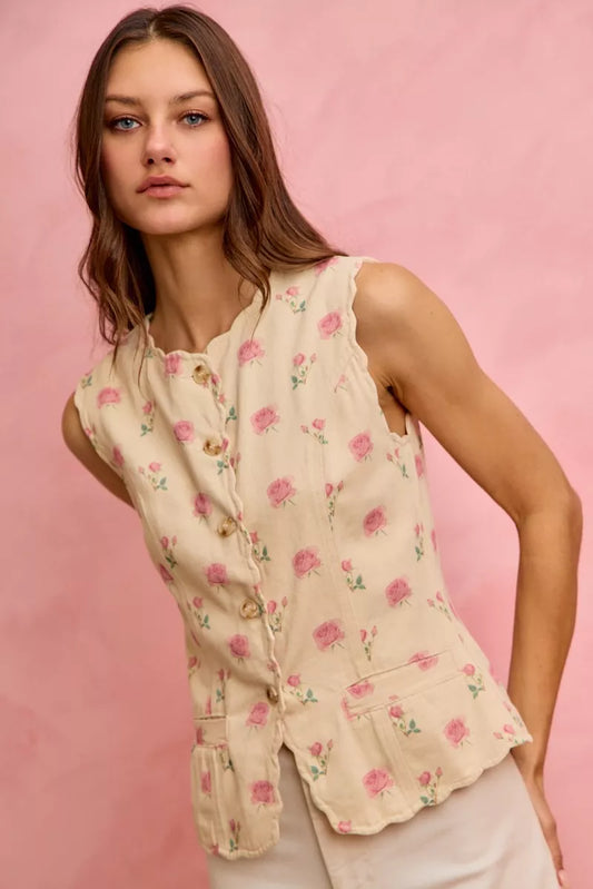 SO ME Floral Rose Cotton Twill Scallop Button Vest Top