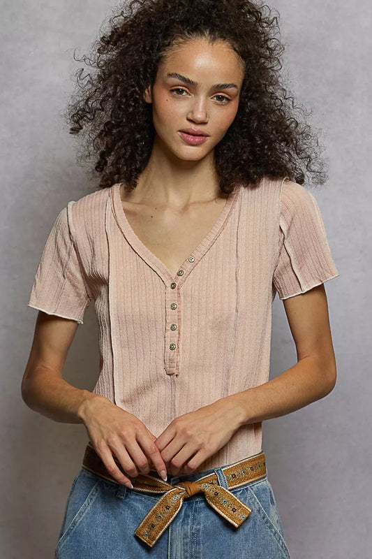 POL V-Neck Short Sleeve Top with Stitch Seam Detail