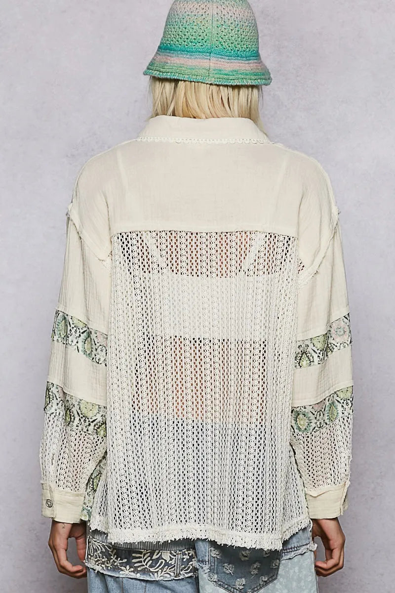 POL Printed Crochet Patchwork Button-Up Shirt
